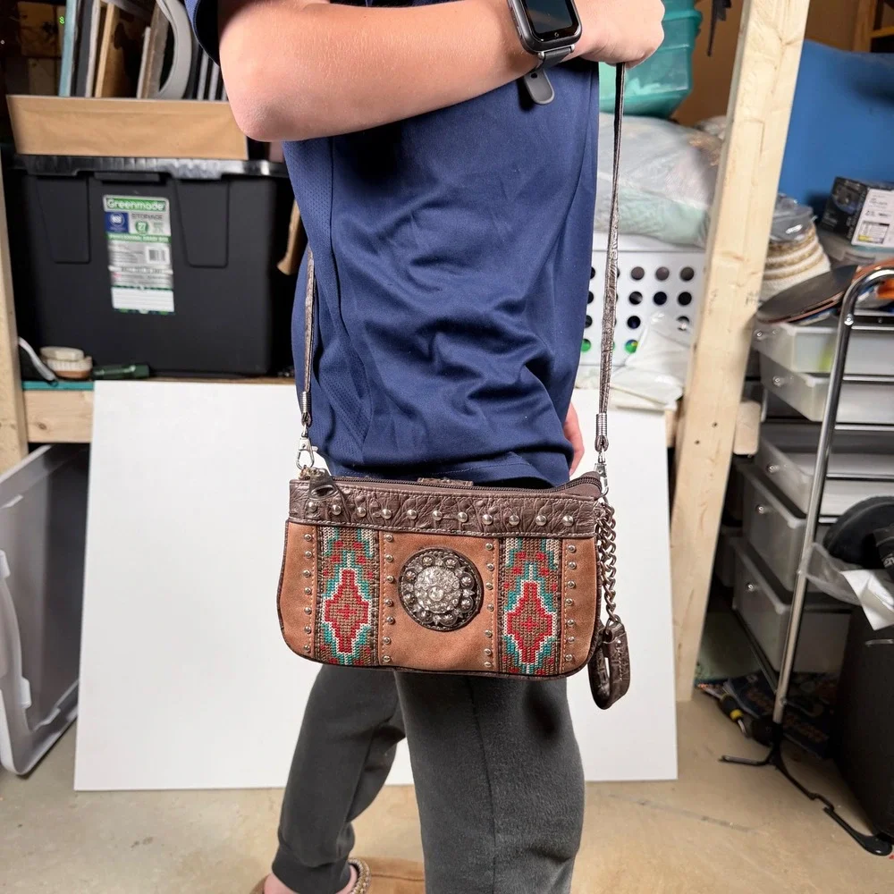 Western Aztec Crossbody Purse Rhinestone Studded Shoulder Bag Brown Tan